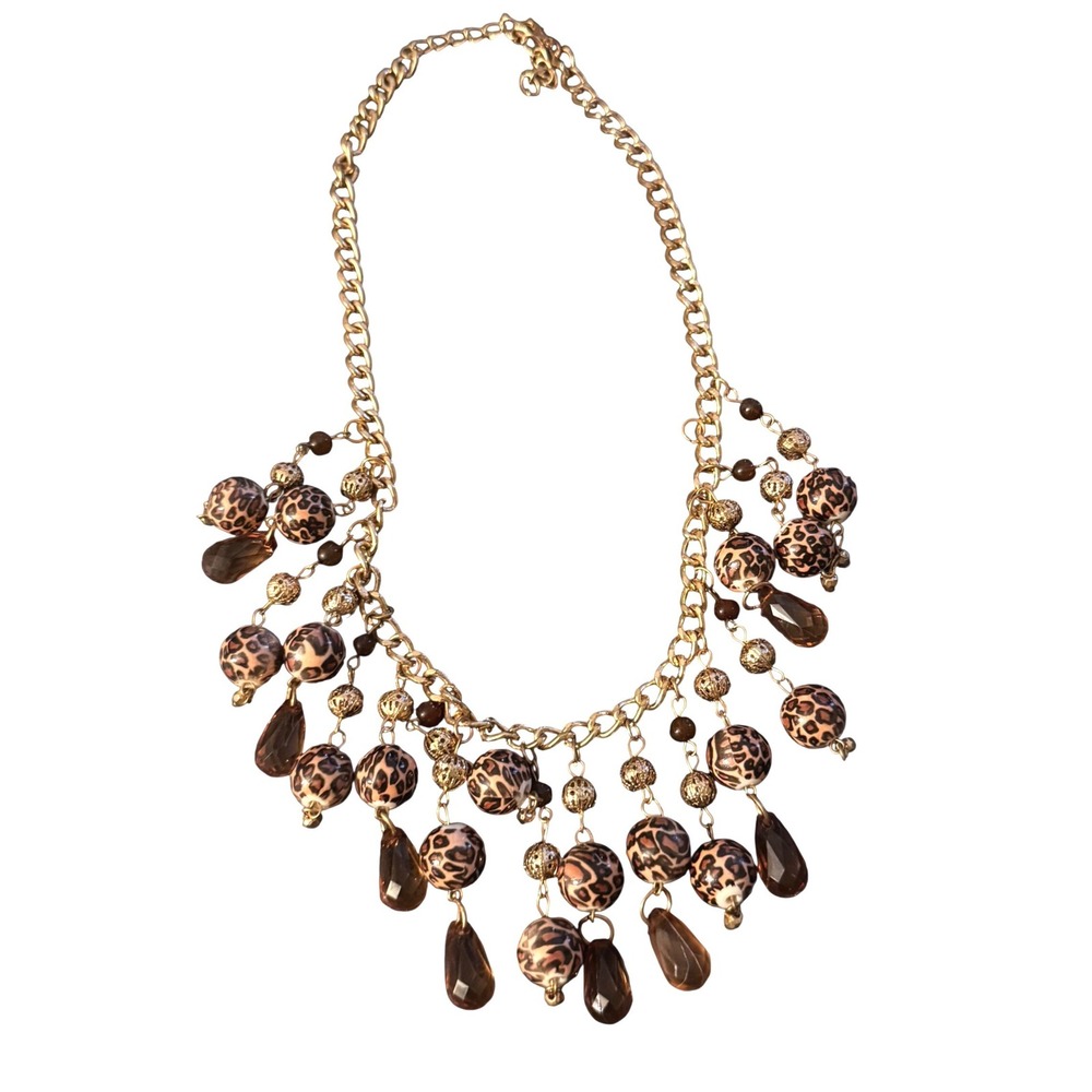 Gold Chain Necklace with Leopard Beads and Brown Teardrop Drops